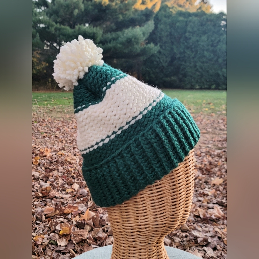 Cozy Green and White Knit Pom-Pom Beanie